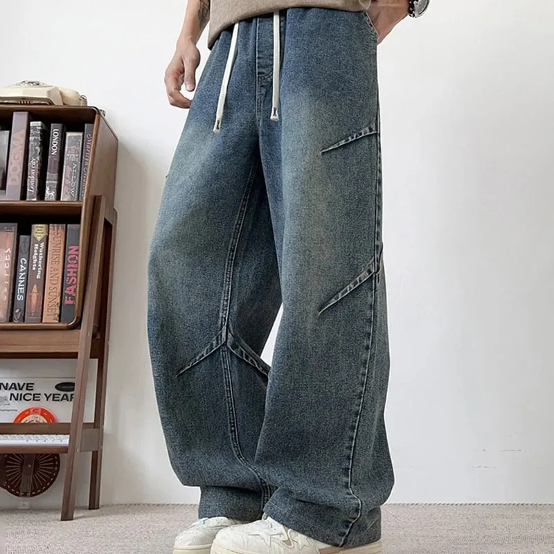 Spring And Summer Korean Retro Men'S Jeans Loose Wide Leg Pants Casual Straight Leg Pants Drawstring Workwear Pants — image 4