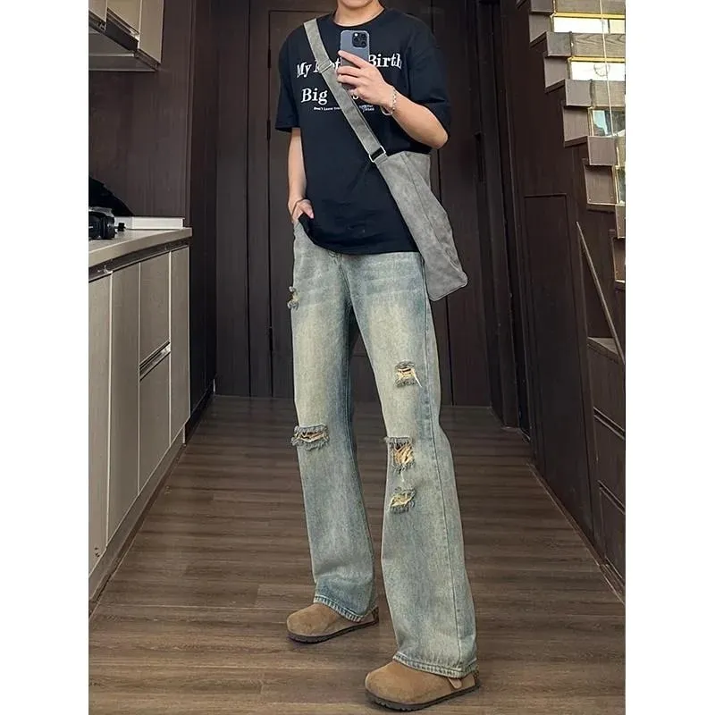 Man Pants Mens Jeans Baggy Jeans Distressed Loose Straight Leg Summer Retro High Street Casual Trousers For Men — image 2