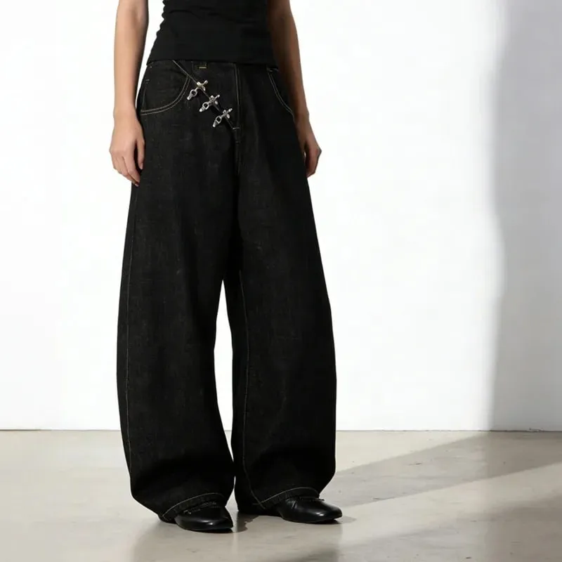 Airplane Button Design Black Men's Boot Cut Jeans Niche Unisex High Street Loose Wide Leg Denim Long Pants 2026 New 9X2176