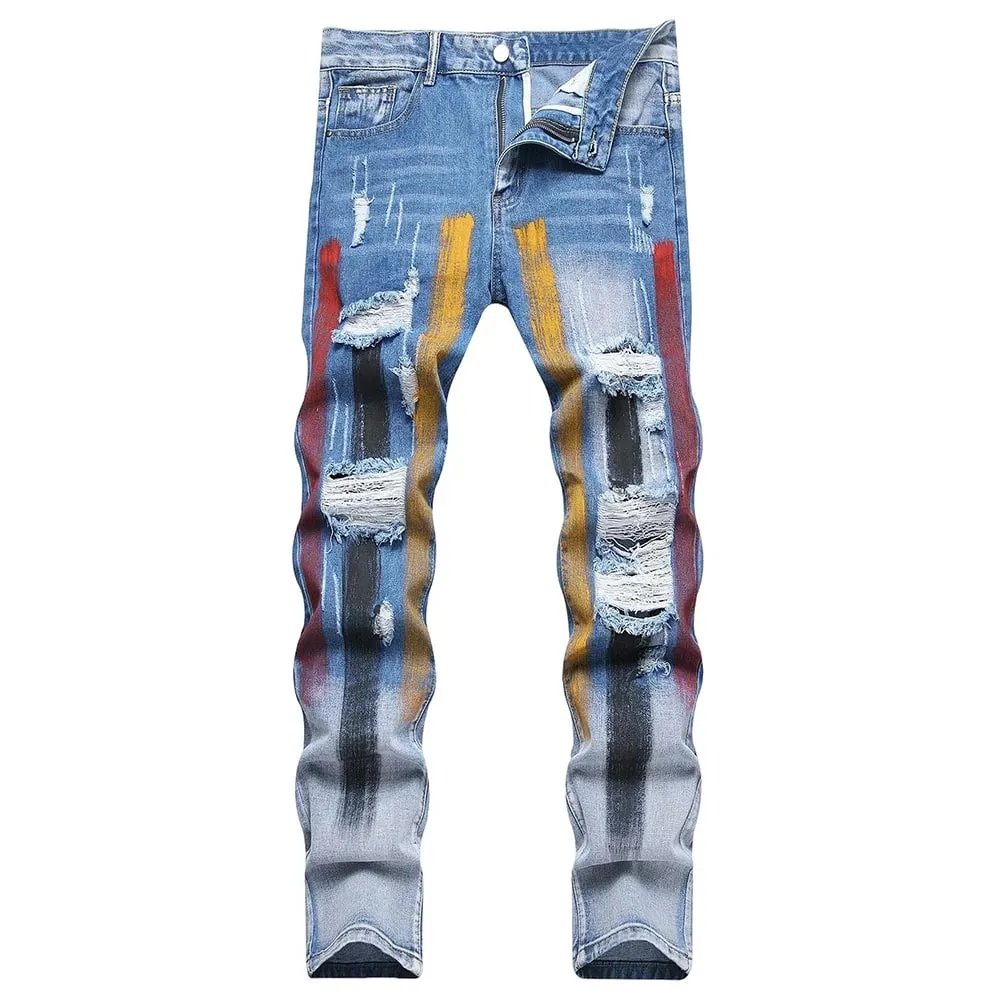 Men Painted Denim Jeans Contrast Color Holes Ripped Distressed Pants Non Stretch Cotton Slim Straight Trousers — image 2
