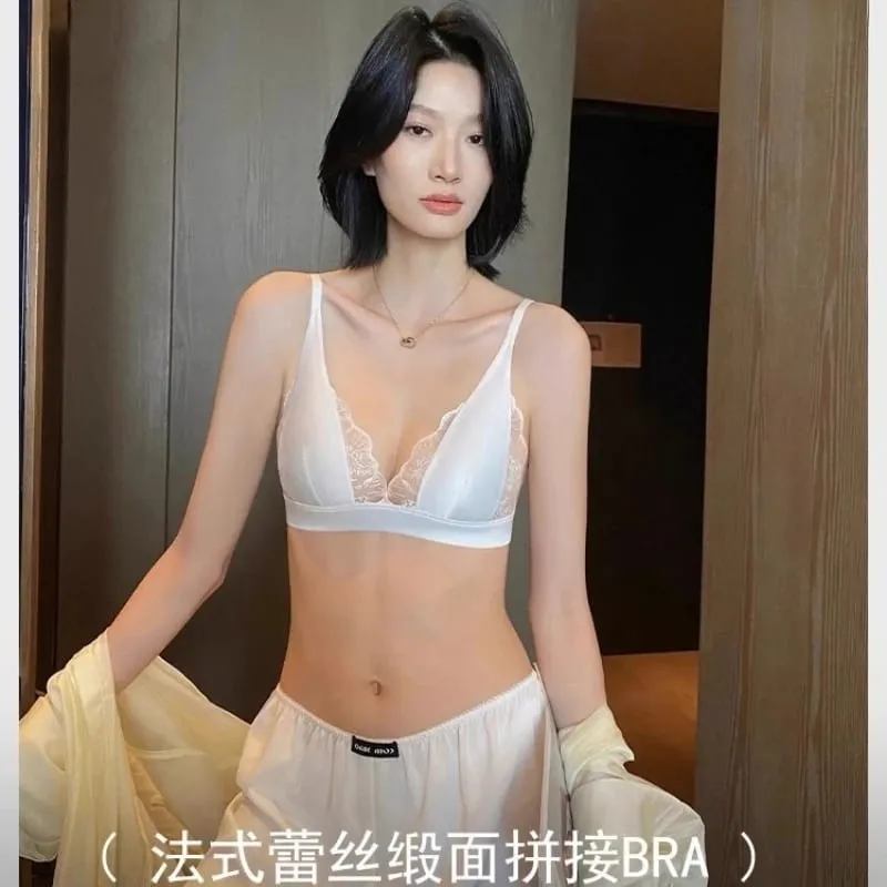 低調法式內衣無鋼圈奢華緞面胸罩適合小胸夏季薄罩蕾絲胸罩優雅舒適 MOYISU S-XL AB