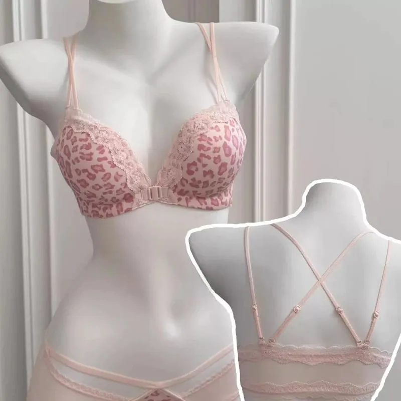 Pink Leopard Front Closure Bra Set Victoria Style Wireless Bra Push Up Enhance Bust 매력적인 Back Design for Small Bust Women — image 1