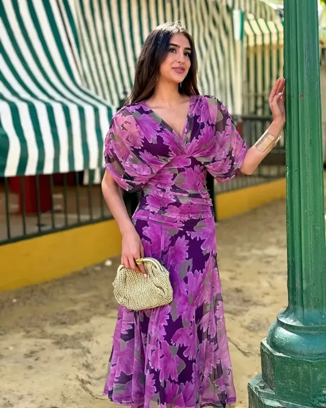 Women Solid Deep V-neck Mesh Long Dress Elegant Puff Short Sleeve Ruched Waist High Vestidos 2026 Summer Lady Casual Street Robe — image 12