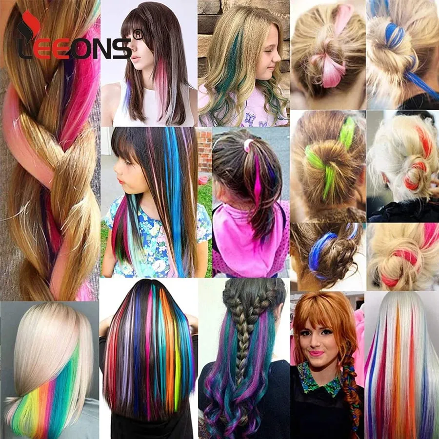 Extensiones de cabello de color liso con Clip para resaltar el cabello de arcoíris, rosa, azul, morado, sintético, con Clips para mujeres y niñas — image 7