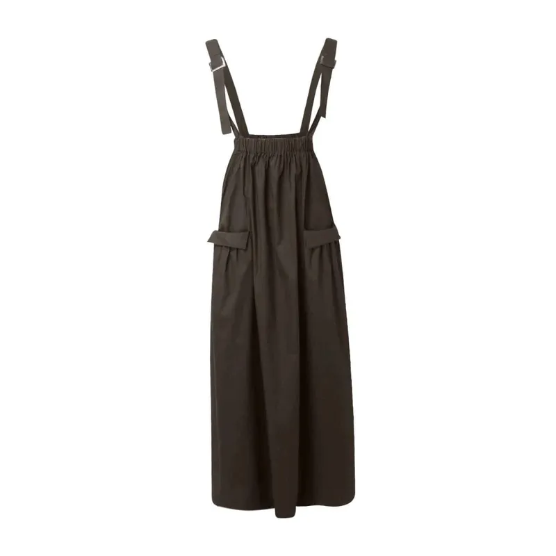 Women Fashion Suspender Dress With Long Straps Large Pockets And Over The Knee Pocket Straps Midi Dresses For Women Robe Femme