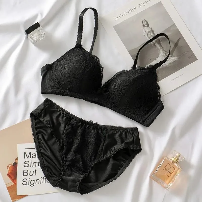 Women Lace Lingerie Set 32‑40ABC Cup Bow Decor Soft Comfort No‑Wire Bra And Briefs Breathable Intimate Underwear Suit