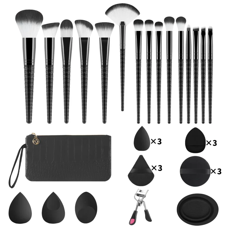 33 ชิ้น All In One ชุดเครื่องมือแต่งหน้า 15 แปรงฟองน้ำความงามแป้งพัฟ Eyelash Curler พร้อมกระเป๋าสำหรับ full Face แต่งหน้า