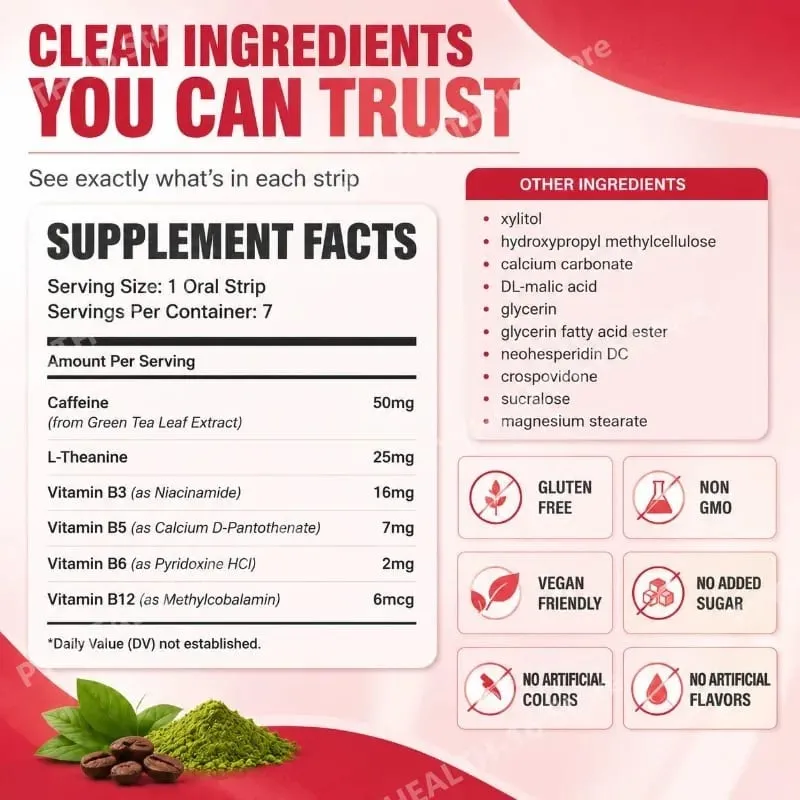 Docteat Energy Support Oral Strips with Caffeine L-Theanine Vitamin B3 B6 B12 Fast Dissolving Daily Nutrition Supplement 7 Count — image 3
