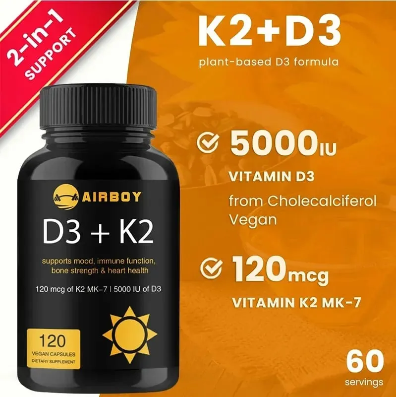 Vitamin D3+K2 Capsules - For Regulate Calcium Metabolism Promote Bone Heart and Immunity System Health