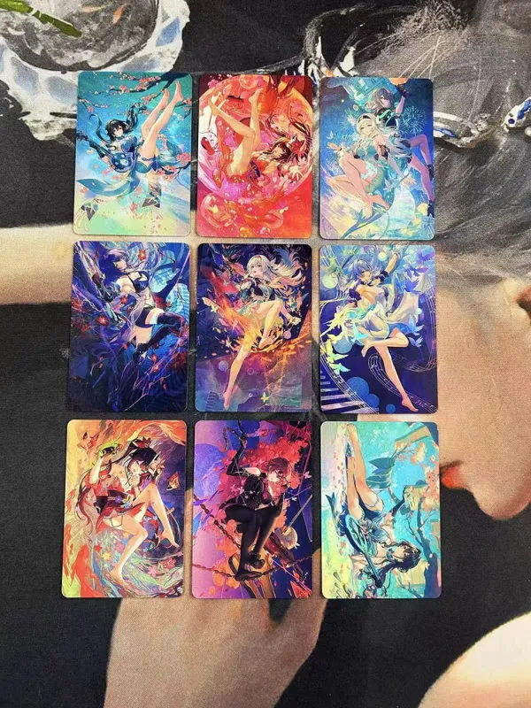 DIY Fanmade Mixed Genshin Honkai Waifu Holographic Laser Flash Collectible Trading Game Cards