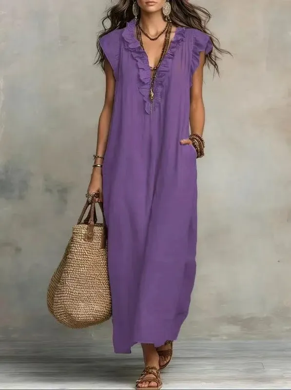 2026 verão feminino boho algodão linho maxi vestido cor sólida plissado decote em v sem mangas solto vestidos longos com bolsos casual praia