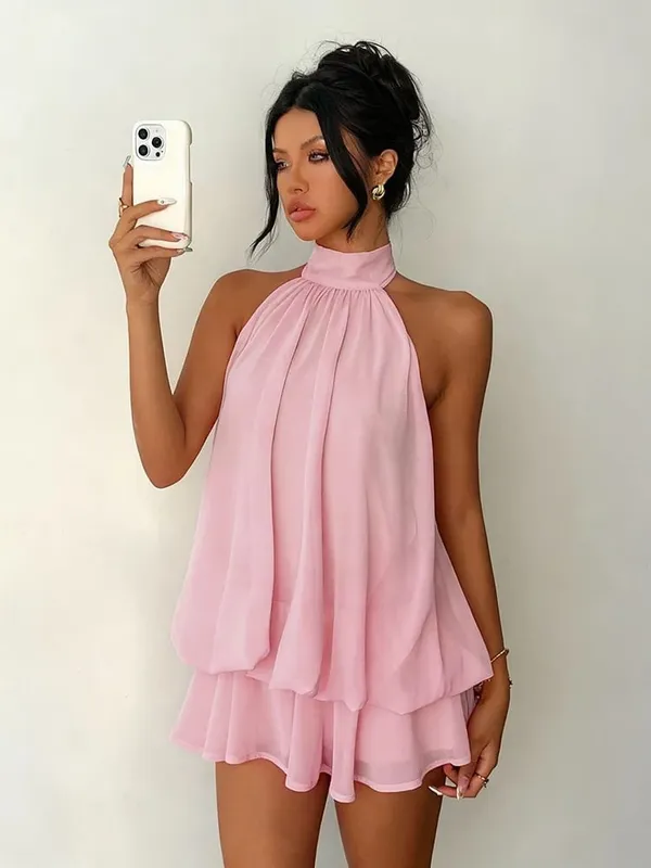 Women Halter Neck Backless Tie Mini Dress Summer Sleeveless Chiffon Ruffle Short Dresses Sexy Club Party Beach Vacation Outfit — image 3