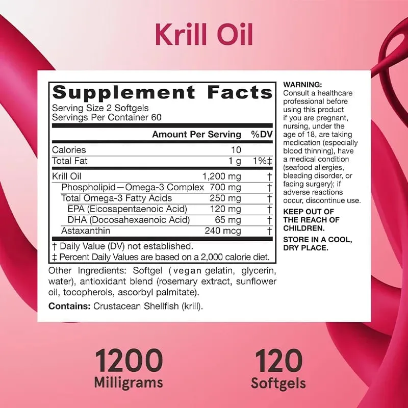 Krill Oil - Phospholipid Omega-3 Complex with Astaxanthin - Support Lipid Management Metabolism Brain & Heart Health - EPA DHA