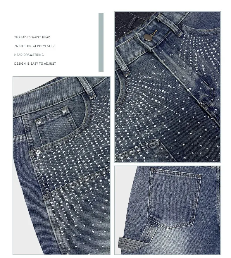 Pants Denim Men Jeans Knee Length Hot Drilling Vintage Washed High Waist Straight Trousers Y2k Streetwear Splice Casual 2026 — image 6