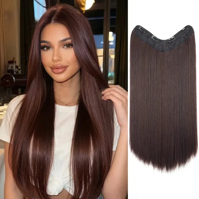 24Inch Synthetic 4-Clip V-Shaped Long Straight Hair Extension One Piece Heat-Resistant Fiber Hairpiece for Women Daily Use — image 10
