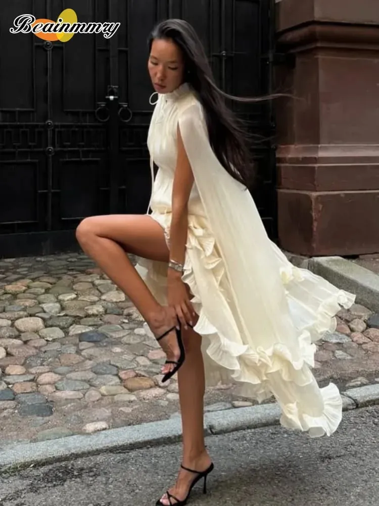 Ruffle Solid Maxi Dress Women Fashion Lapel V-neck Sleeveless Pleated High Waist Dresses 2026 Summer Lady Chic Vacation Robes
