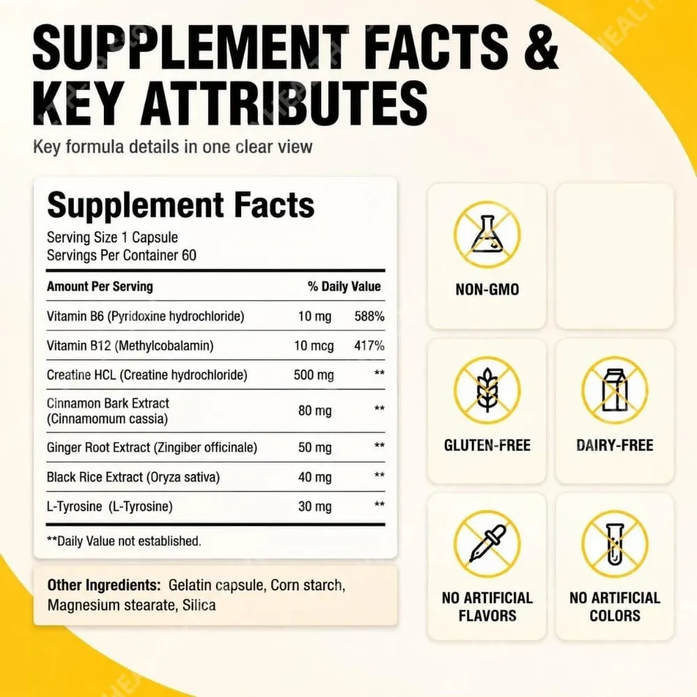 Docteat Creatine HCL Capsules with Vitamin B6 B12 & Cinnamon for Muscle Energy & Performance Support Adults 60 Capsules