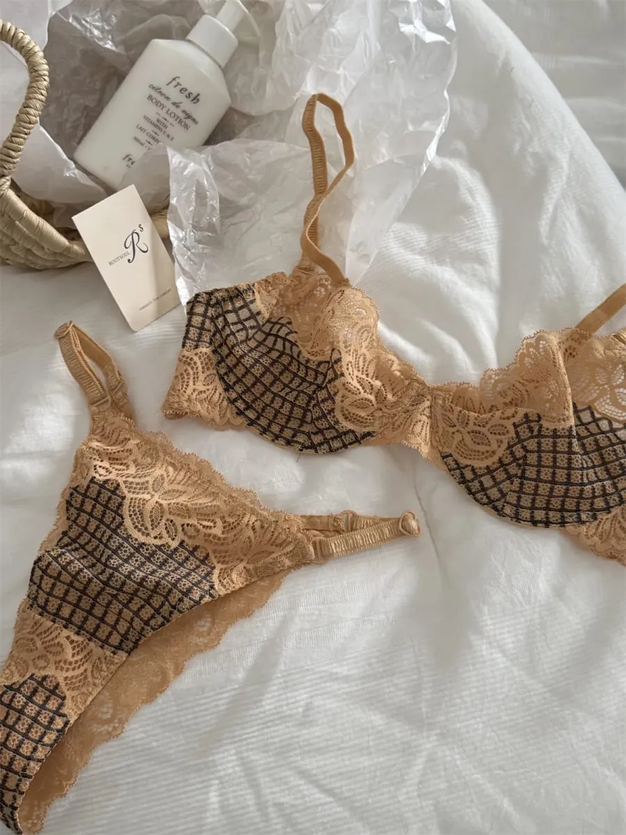 Bra lattice embroidery mesh underwear women small fresh top lingerie with panties support large breasts show small bra set