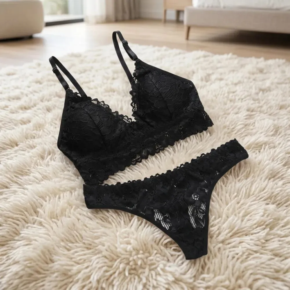 Sweet V Neck Lace Flower Bra Set Solid Color Thong Floral Panties Bra Kit Low Waist Lingerie Lace Underwear Romantic Night — image 4