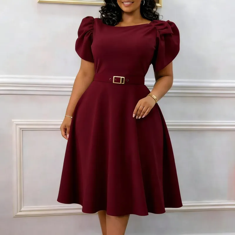 Women Dresses Solid Dress Sashes Round Neck Butterfly Sleeve Knee Length Empire Waist Slight Strech Casual Loose Fit 2026 Summer