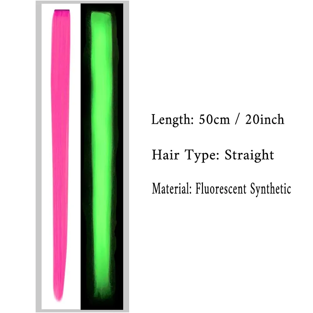 Extensiones de cabello que brillan en la oscuridad, 20 pulgadas, Clip, postizos de colores luminosos, pinzas para el cabello de arcoíris, peluca sintética recta