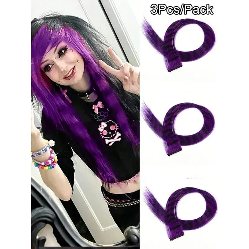 3Pcs Leopard Print Hair Extensions Synthetic Stripe Printed Hair Piece Colorful Long Straight Clip In Hair For Women Girls Party — image 10