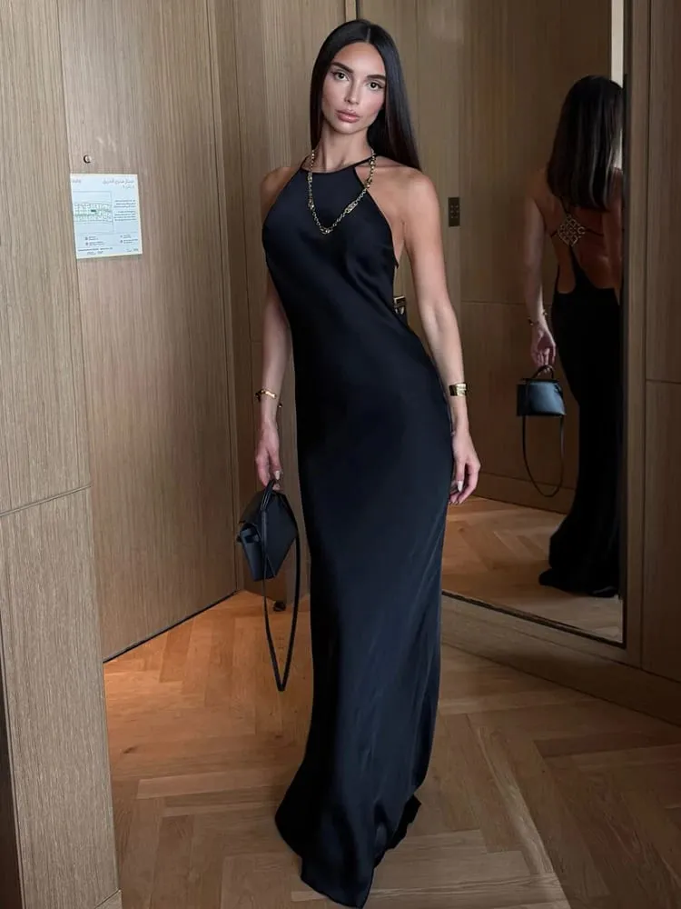 Nibber ærmeløs grime satin kjole Kvinder Metalspænde Elegant Patchwork Mode Klassisk aftenfest Rygløs Lang Bodycon
