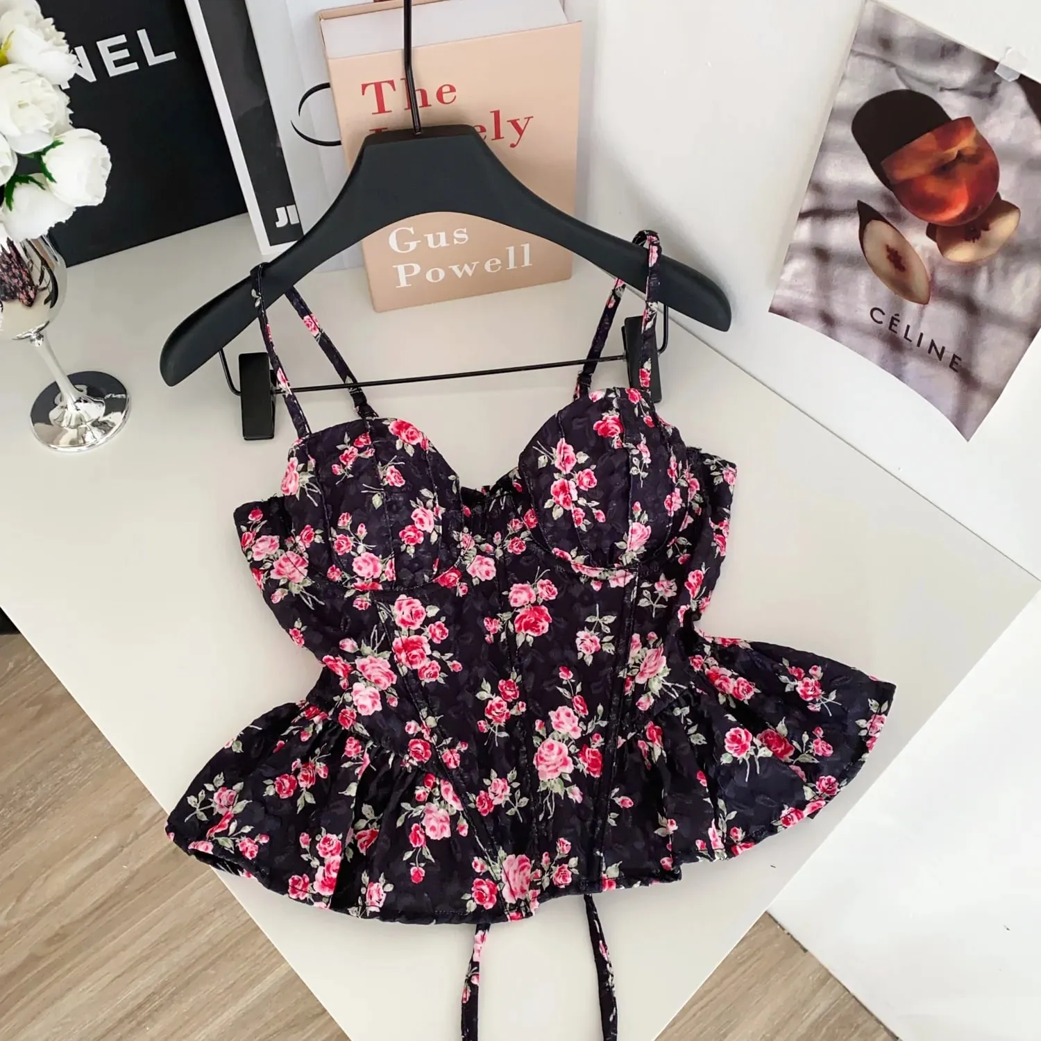 เซ็กซี่ Slim Corset ruffle พิมพ์เกาหลี Camis Tank Top Basic แฟชั่นปิดไหล่ฤดูร้อนเสื้อผ้าผู้หญิง