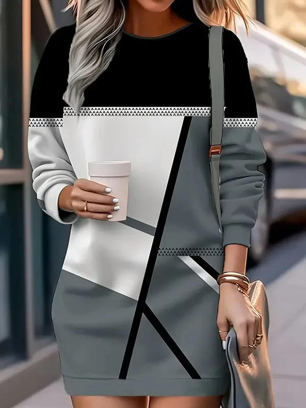 Women's Spring and Autumn Geometric Pattern Print Long Sleeve Round Neck Dress