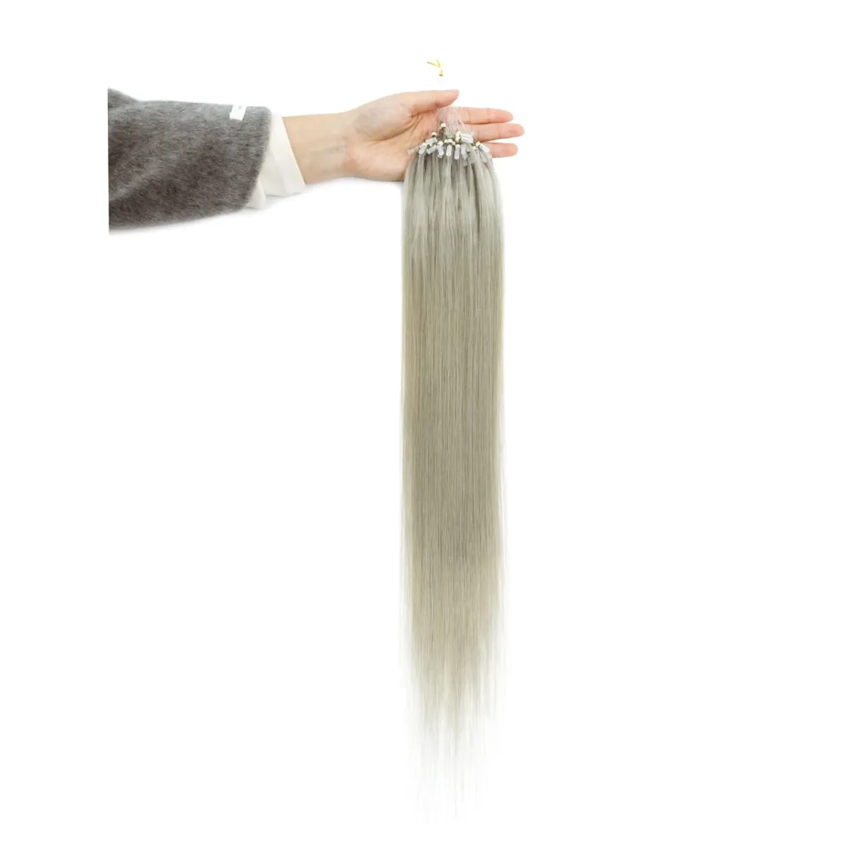Colored Micro Link Hair Extensions Human Hair No Glue Virgin Human Hair for Women Girls 50 Strands Colorful 30G Gray
