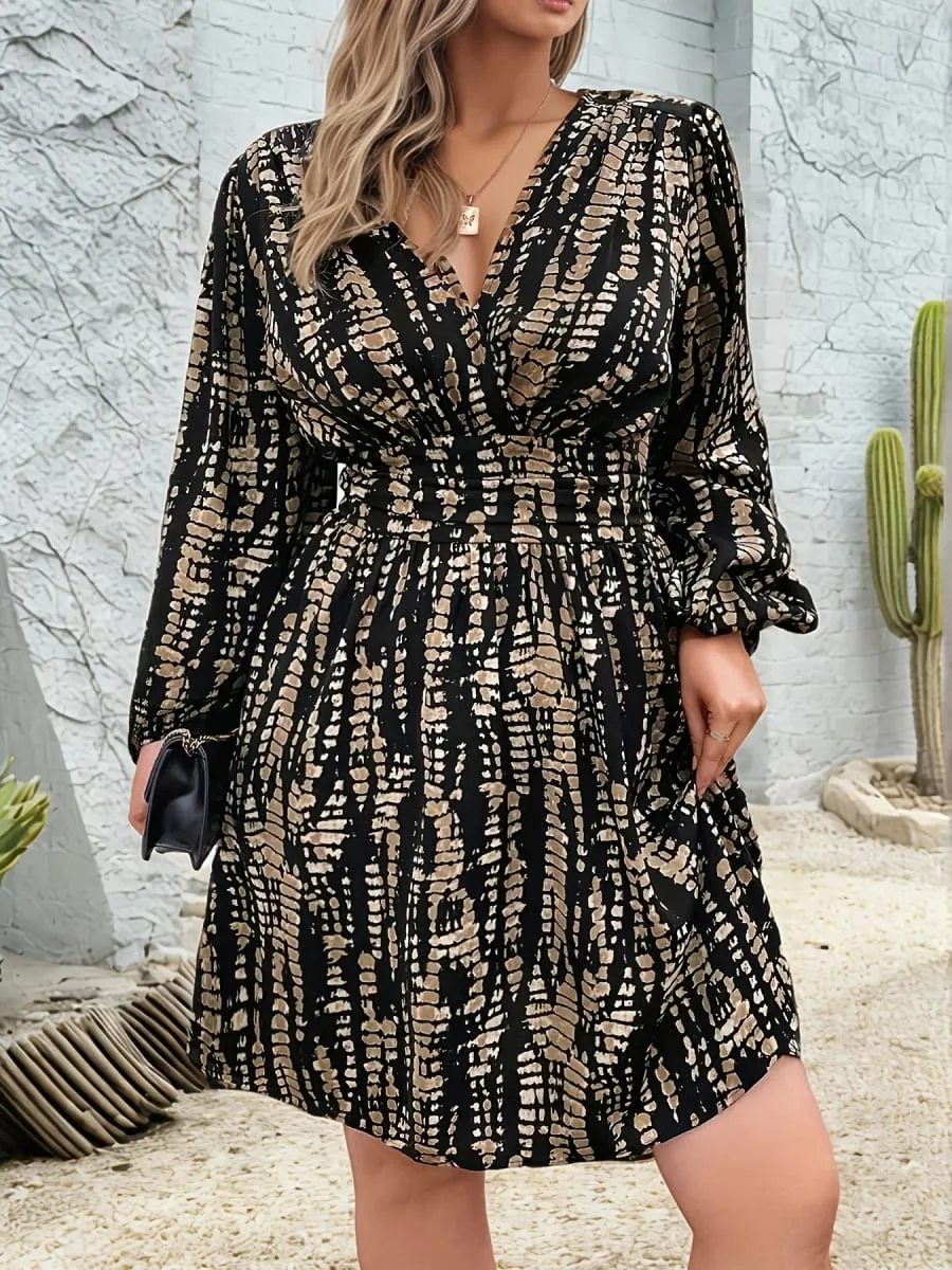 Elegant Directed Cross Neck Pleated Long Sleeve Waist Cinched Floral Print Midi Dress
