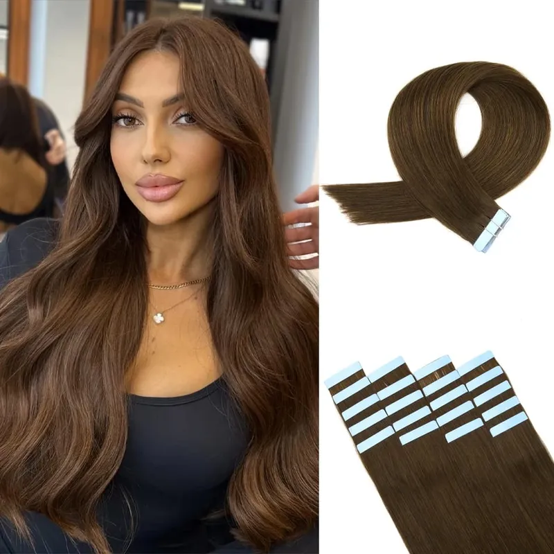 Natural Hair Tape in Extensions 100% Remy Human Hair Extensions Straight Balayage Brown Seamless Glue On Hair For Woman 20pcs