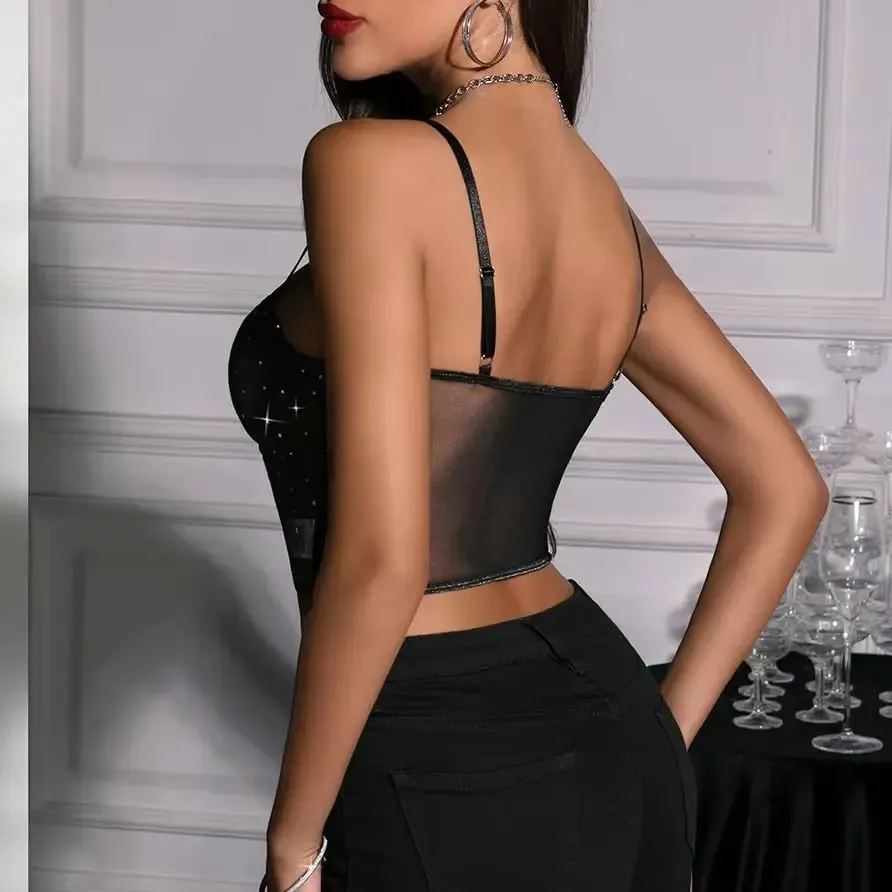 Women Y2K Fishbone Corset Crop Top Sexy Sheer Mesh Lace Up Bustier Tank Top Glitter Nightclub Party Sleeveless Spag