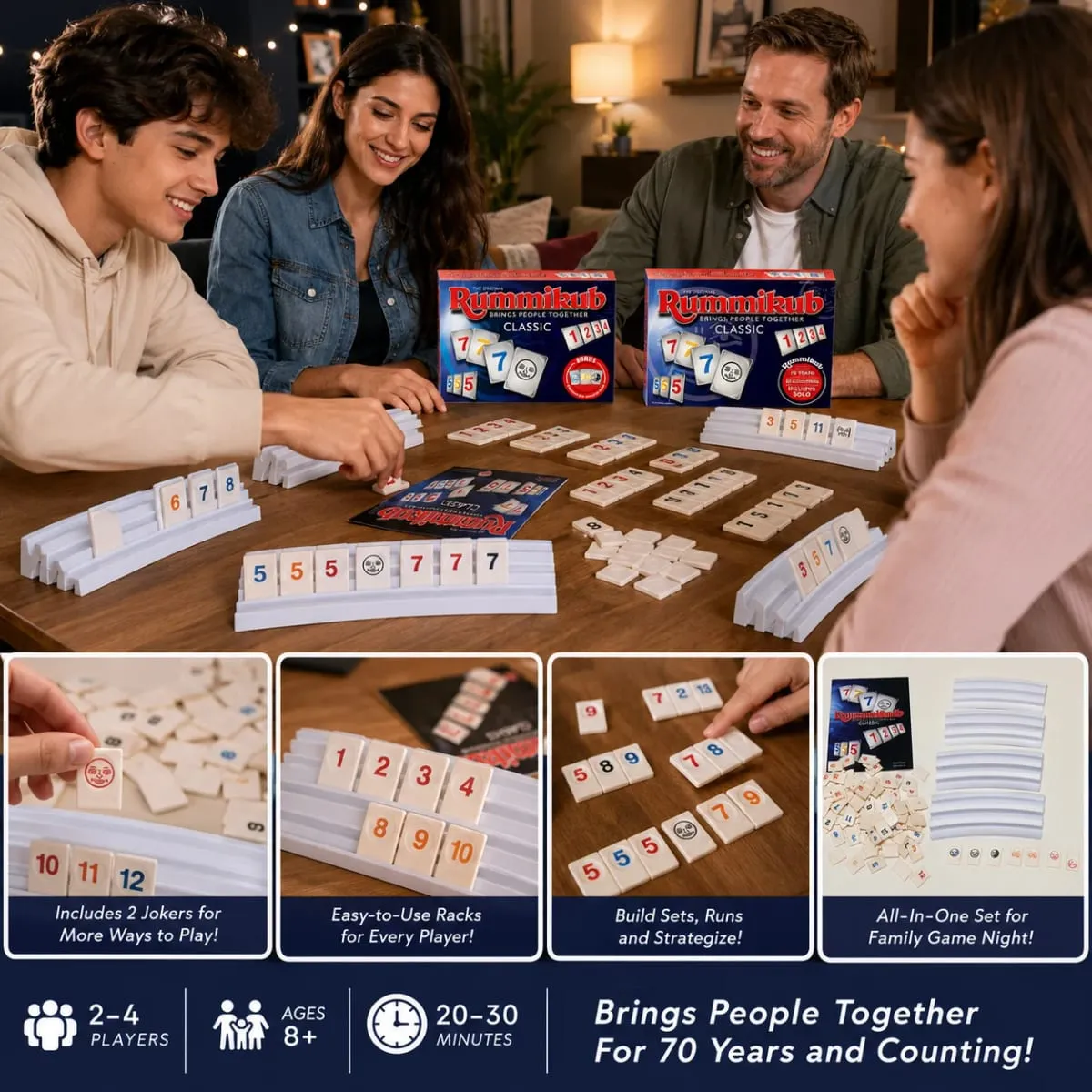 Rummikub Classic Number Tile Strategy Board Game with Racks Family Party Kids Adults English Version