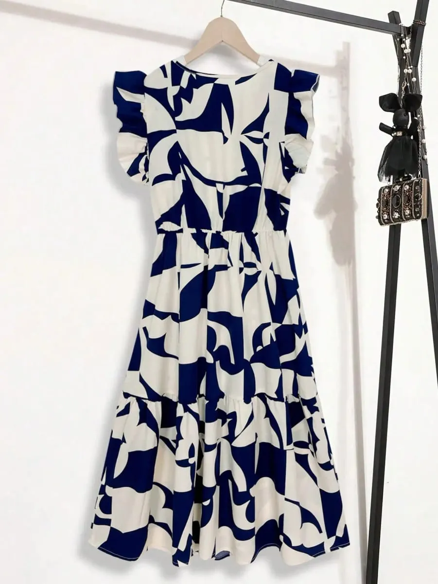 Womens Navy Blue Abstract Print Ruffle Sleeve Tiered Midi Dress Round Neck A Line Summer Casual Dress — image 3