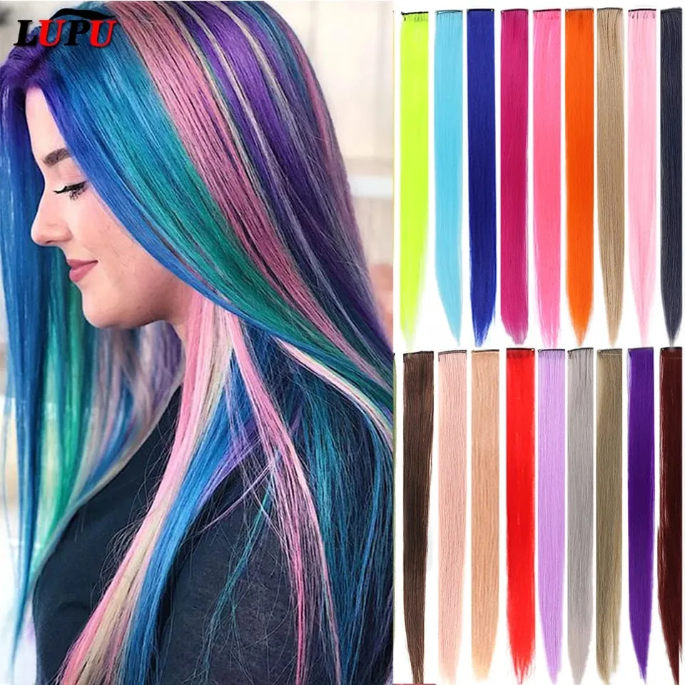 22 Inch Colored Highlight Synthetic Hair Extensions Rainbow Long Straight Hairpieces for Women Kids Girls Purple Pink Blue