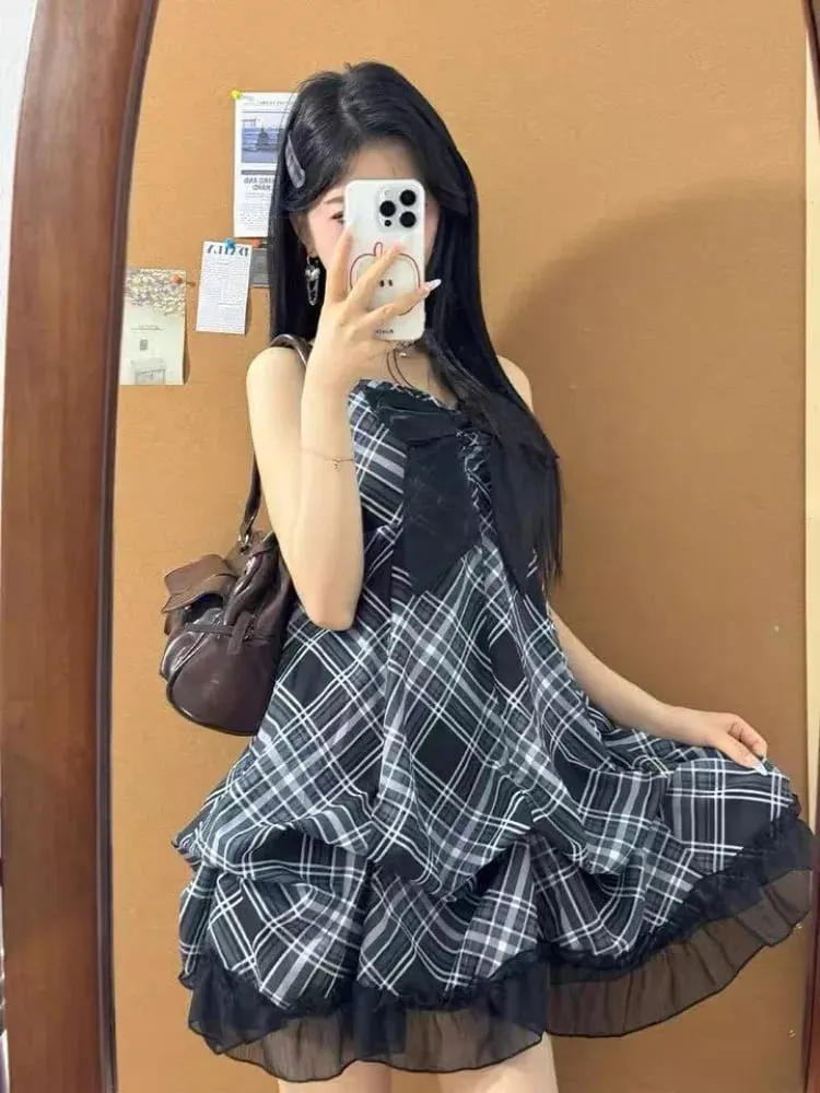 2025 estilo japonês do vintage cinta vestido feminino coreano moda preto rendas cami vestidos de verão doce retalhos novo vestido de uma peça