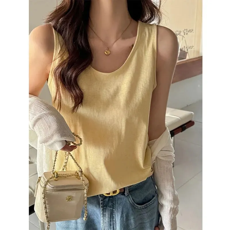 2026 New Women Summer Casual Tank Tops Solid Color All-Match Basic Sleeveless Vest Female Korean Simple Loose O-Neck Camis Top