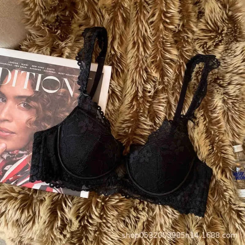 Set Lingerie Renda Lengan Flutter Prancis Wanita Bra Minimizer Punggung Cantik Seksi Bersirkulasi Cup Tipis Berkawat Lembut 32 ‑ 38