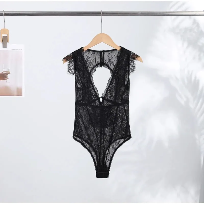Sexy Lace Women's Bodysuit See Through Solid Deep V-neck Backless One Piece Tops 2026 Summer New Chic Club Party Lady Jumpsuits