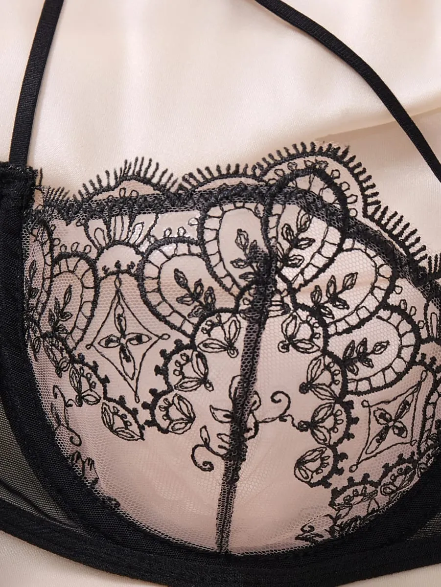 Women Elegant Black Embroidery Lingerie Set Sheer Mesh Underwire Bra T‑back Panty Bow Decor Intimate Wear ZA824057