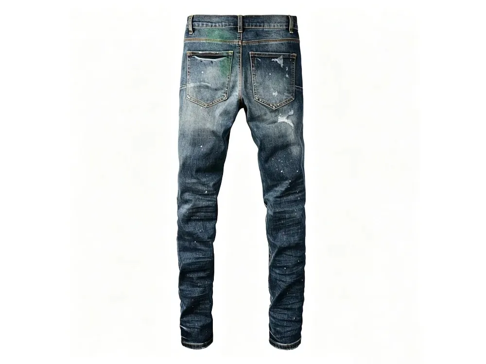 Calça jeans rasgada masculina, slim, vintage, desgastada, azul gradiente, verde, vermelho, respingos de tinta, botão fly high street, moda jeans
