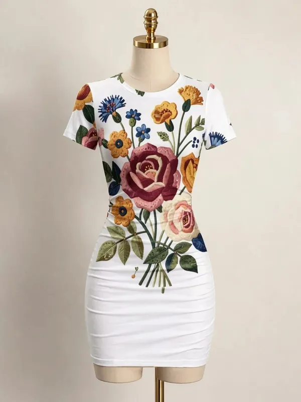 Womens Short Sleeve Bodycon Mini Dress Slim Fit Crew Neck Floral Print Casual Summer Party Cute Modern Holiday Vacation Sundress — image 8