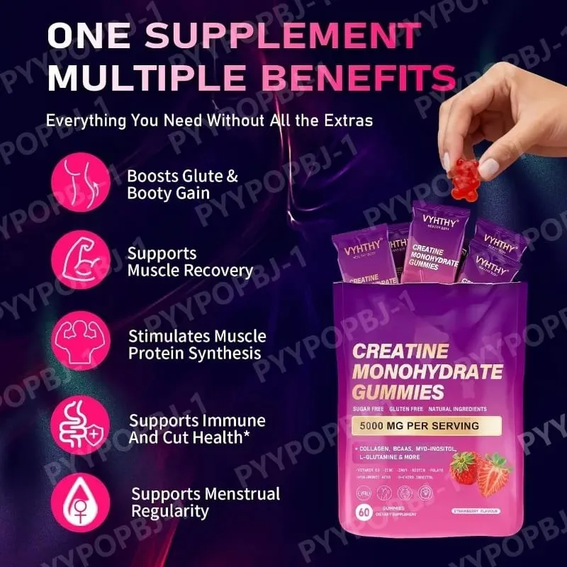 60 stuks creatinemonohydraat Gummie met collageen, biotine, vitamine D3 en hyaluronzuur, dagelijkse herstelondersteuning vóór en na de training
