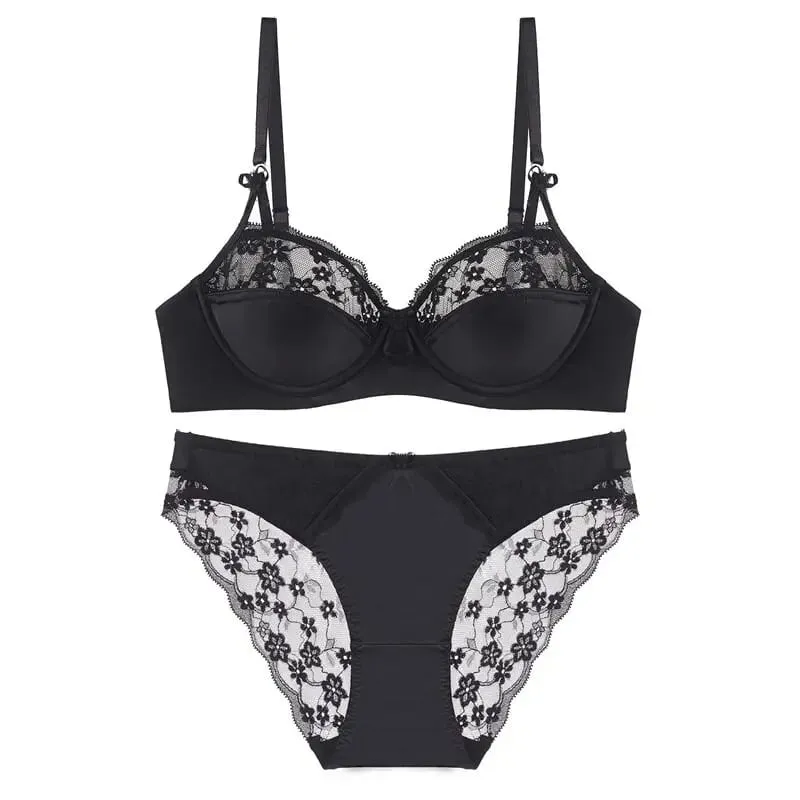 Women Thin French Half Cup Lace Bra Set Minimizer for Big Bust Push Up Anti-Sagging Side Support Comfort Sexy Daily Lingerie Set — image 14