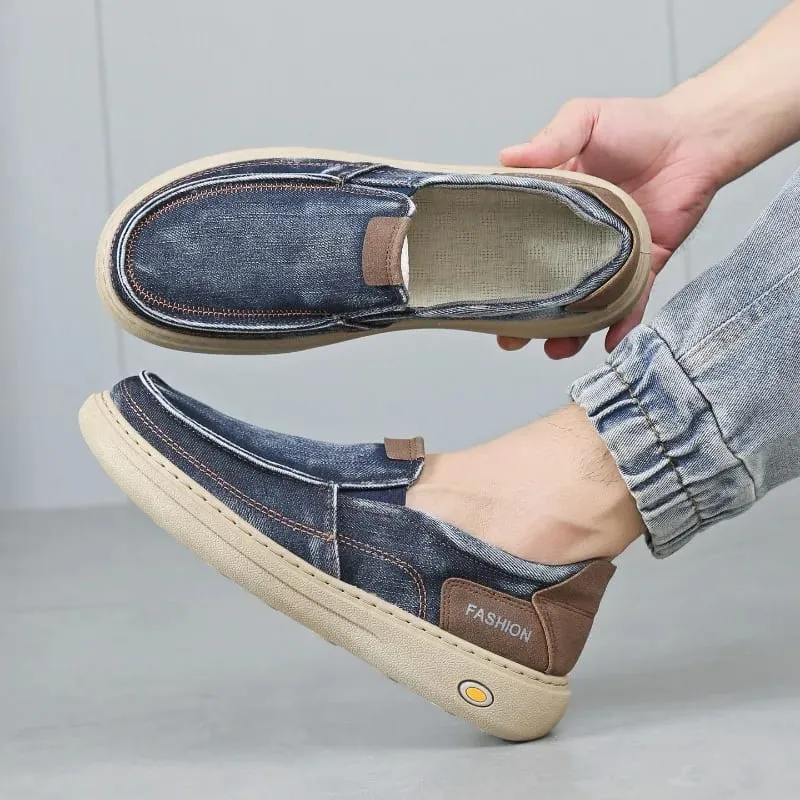 New Quality Denim Cloth Casual Man Shoes Fashion Men's Sneakers Slip on Walking Flats Breathable Lightweight Driving Work Shoes — image 6