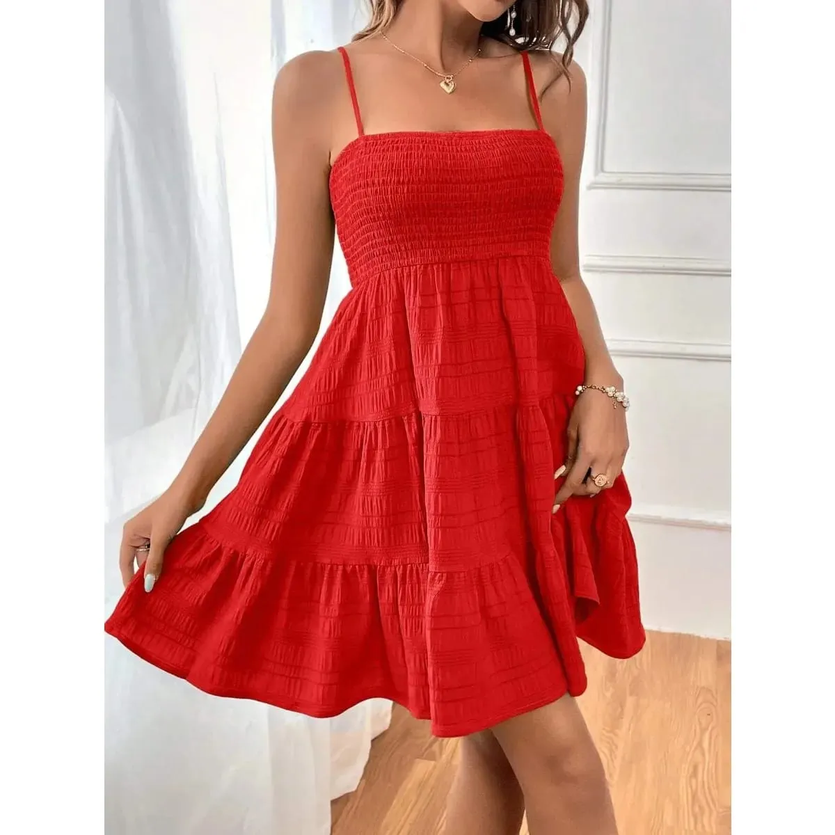 Women's Fashion Spaghetti Strap Smocked Bustier Mini Dress Blue Ruffled Tiered Swing Dress Summer Casual Vacation Beach Wear — image 5
