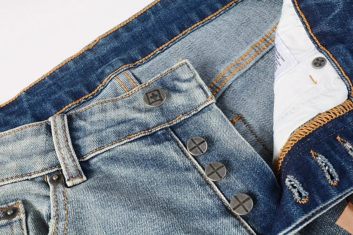 Men's High Street Light Blue Washed Distressed Denim Jeans With Embroidered Letter Motif Button Fly Suitable For All‑Season Wear