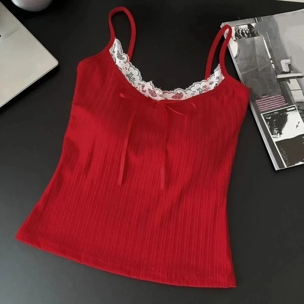 เอว cinching แขนกุด Slim Lace Crop Top Y2k สีทึบ Camisole พร้อมแผ่น Bottoming เสื้อ Sweet Lace Patchwork Vest Lady