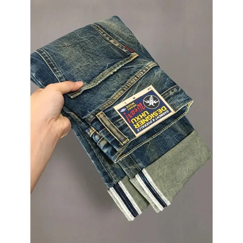 Heavy duty denim pants for men nostalgic trend 2025 new style distressed washed loose straight leg scratch jeans